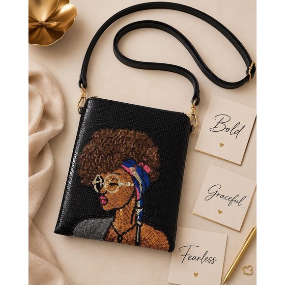 Unbranded Handbags - UNNI Black Sequin Crossbody Bag Natural Hair Woman Purse Gold Accent Bag
